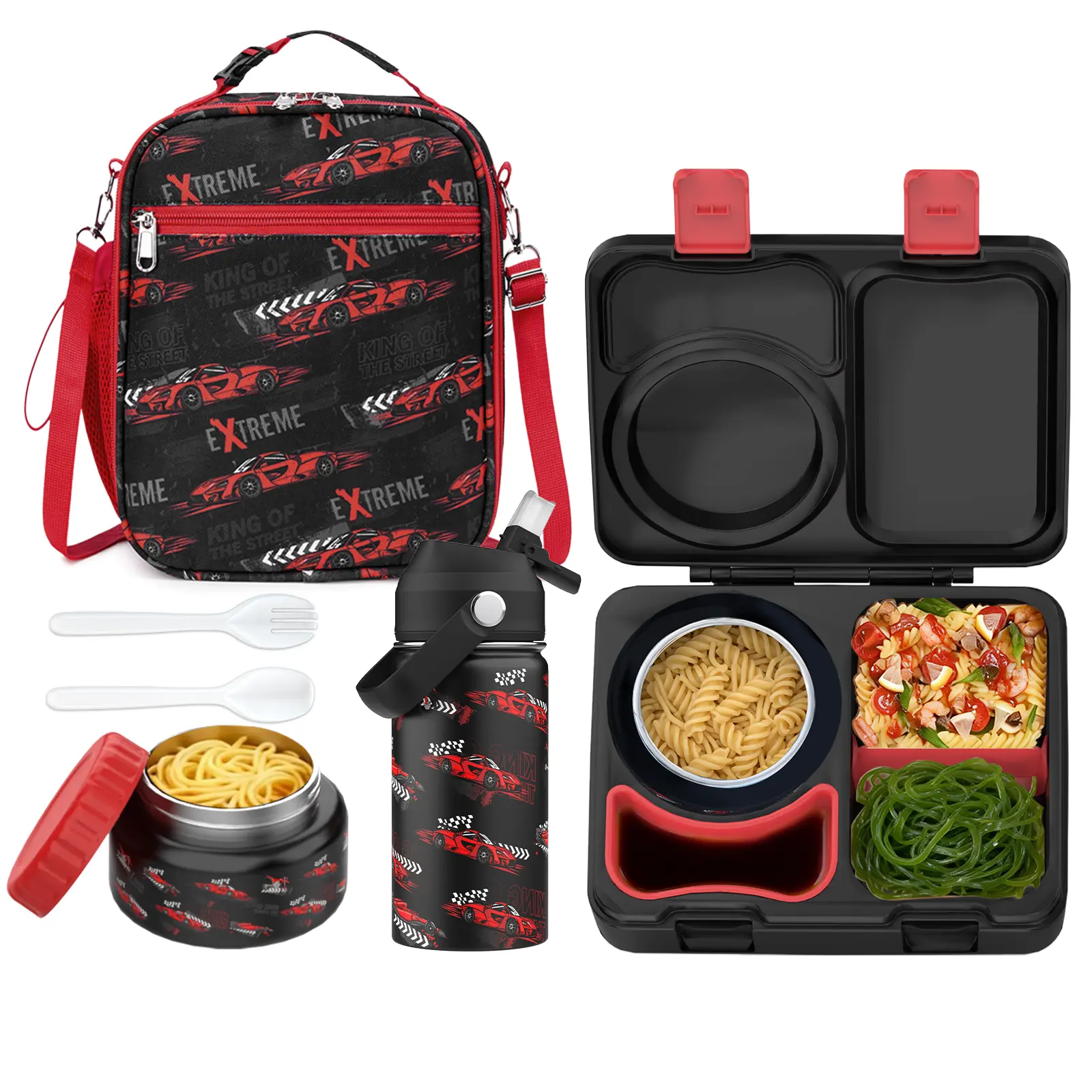 SIMILOVE BPA-Free 304 Stainless Steel Rectangular Kids Lunch Box Set - 8oz Thermo-Insulated Food Jar, 100% Leak-Proof Bento Tray, Dividers, Ice Pack, Sauce Cup, Utensils, Lunch Bag,  (for Kids Over 3 Years), Removable Components, Backpacks For School, Bac