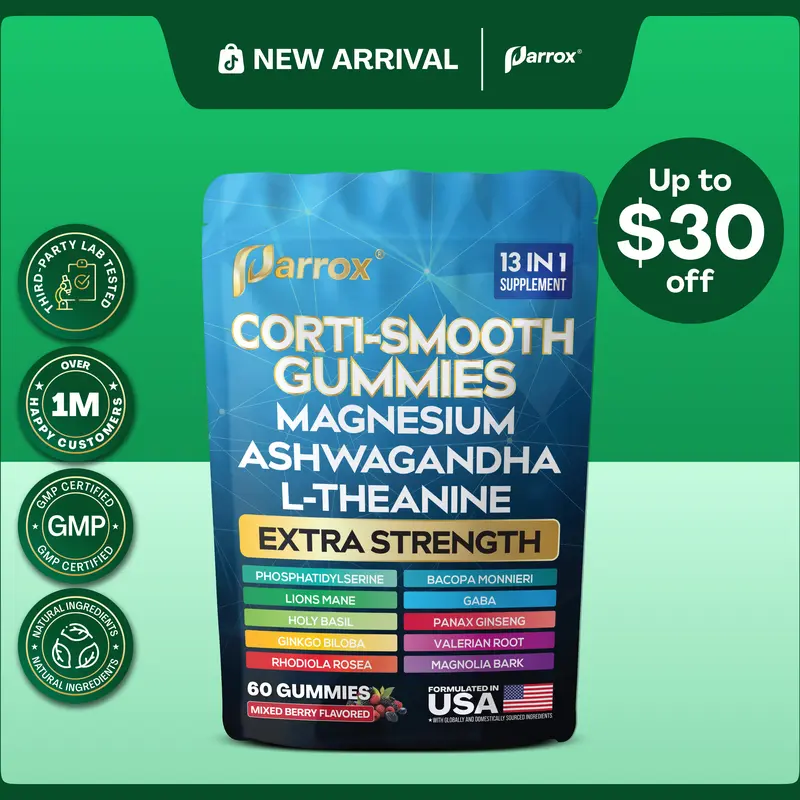 Parrox Magnesium Gummies (Mixed Berry Flavor) - Corti-Smooth 13-in-1 Supplement with L-Theanine, Lions Mane & More Natural Ingredients - Made in USA - (60 Gummies)