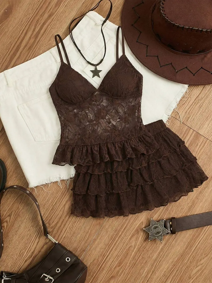 Dark Brown Lace Cami and Ruffle Mini Skirt Set for Women Boho Cowgirl Outfit
