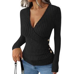 ANRABESS Long Sleeve Shirts for Women Deep V Neck Ribbed Knit Slim Fit Button Wrap Tops Lightweight Sweater Going Out Clothes