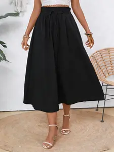 Women's A-Line Skirt with Pockets, Solid Polyester Fabric, Casual Midi Skirt, Elastic Waist, Loose-Fitting, All Seasons, Womenswear