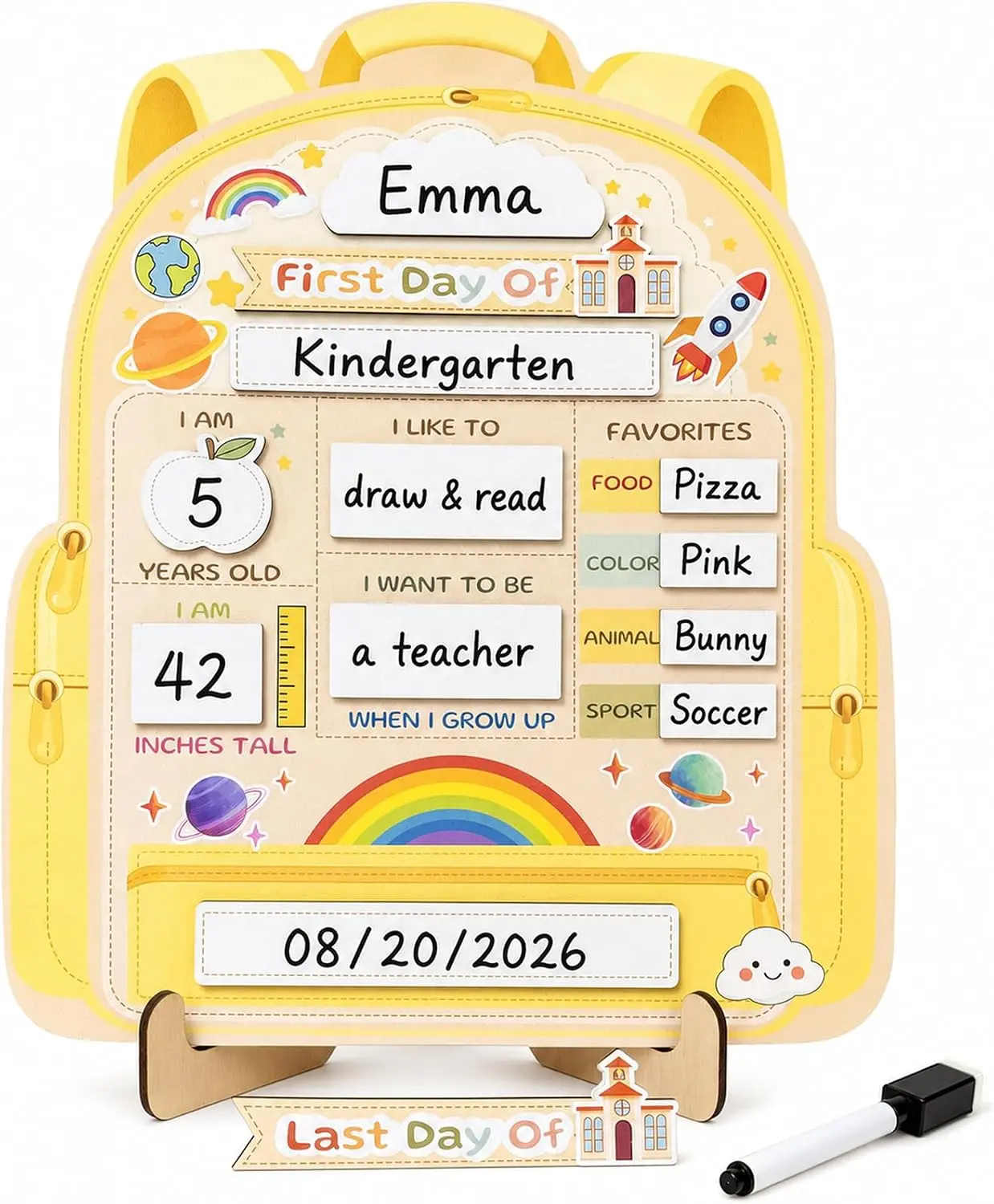 First & Last Day of School Sign Reusable Wooden Dry Erase Board with Marker Back to School Chalkboard for Preschool Pre-K Kindergarten 1st Day & Last Day Photo Prop Pastel Yellow School Milestone Sign
