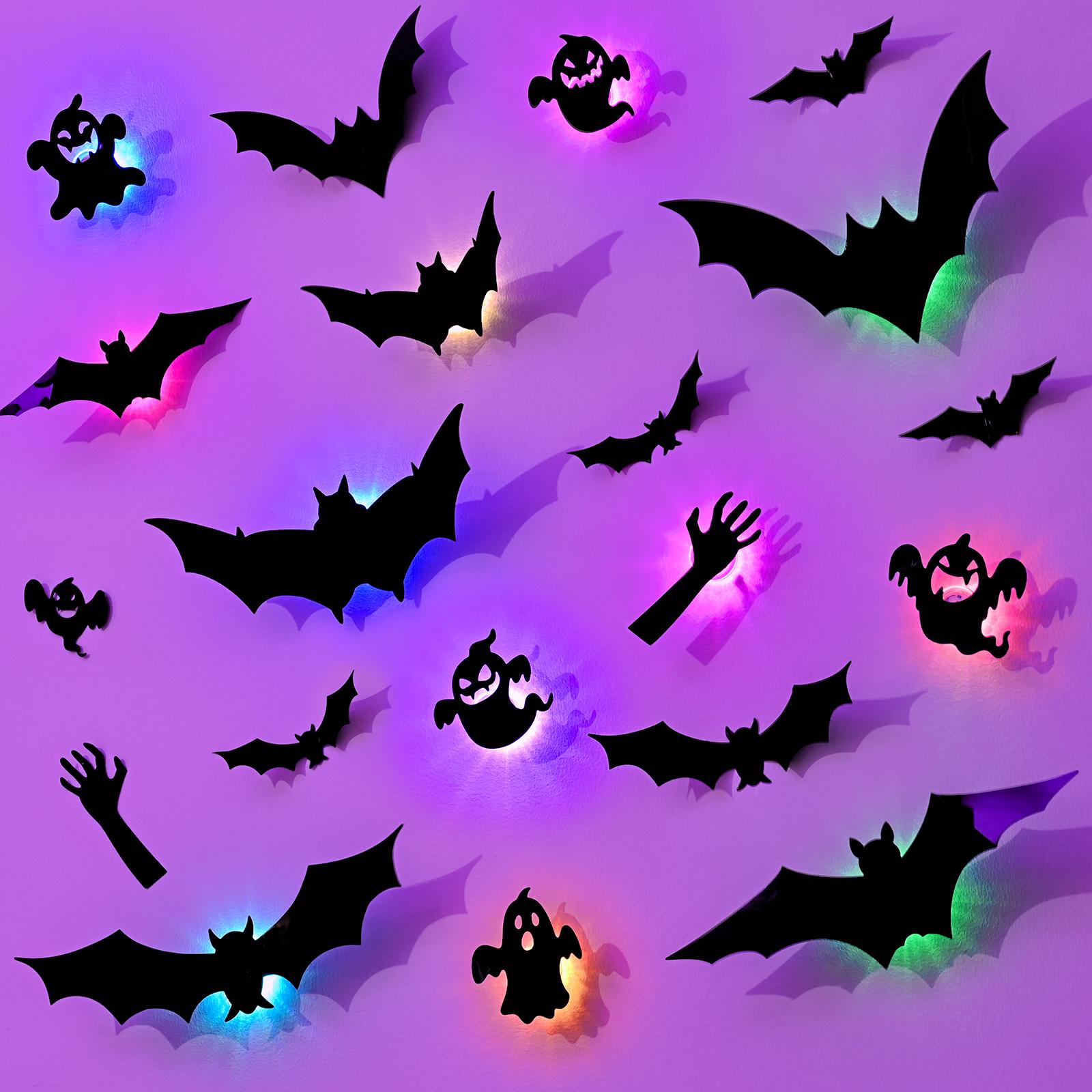 24 PCS Halloween 3D Bat Wall Decoration with 12 LED Lights, Remote Control, 13 Colors, 6H Timer, Thick PET Stickers (10 Sizes) & Painter's Tape - Halloween Decor for Walls, Windows, Creepy Vibe Parties, Led Lighting