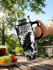 Godzilla 40oz Insulated Tumbler with Handle & Straw -Cool Monster Gift for Fans & Coffee Lovers- Leak-Proof Stainless Steel Vacuum Flask