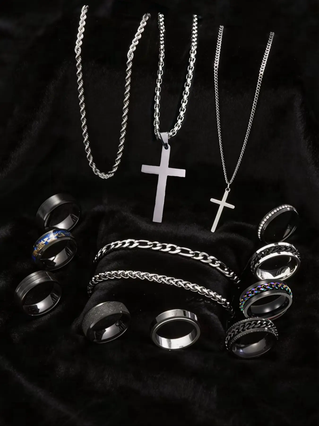 14Pcs Men's Stainless Steel Fashionable Trendy Jewellery Gift Set - Iced Out Watch, Cross Necklace, Stackable Rings & Leather Bracelet, Punk Hip Hop Accessories for Men, Non Tarnish Party/Wedding Jewelry Gift for Him
