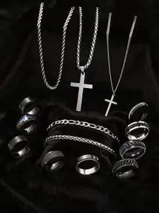 14Pcs Men's Stainless Steel Jewelry Set - Iced Out Watch, Cross Necklace, Stackable Rings & Leather Bracelet, Punk Hip Hop Accessories for Men, Non Tarnish Party/Wedding Jewelry Gift for Him