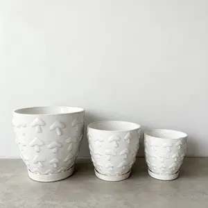 Set of 3 Ivory Mushroom Ceramic Pots 10" 8" & 6.75" with Saucer for Indoor Garden Decor