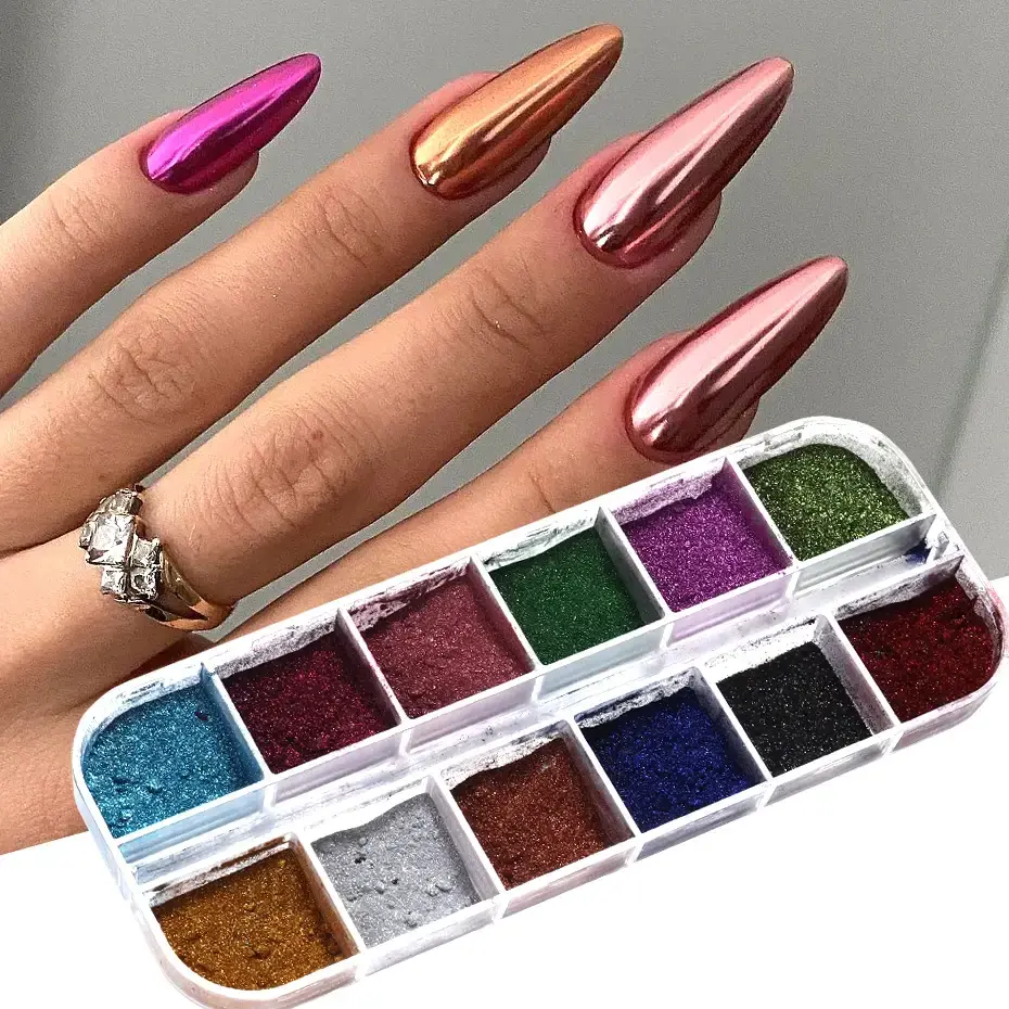 12Grids Mirror Chrome Nail Glitter Powders Metal Effect Silver Gold Pink Chrome Nail Pigment DIY Gel Polish Manicure Decoration