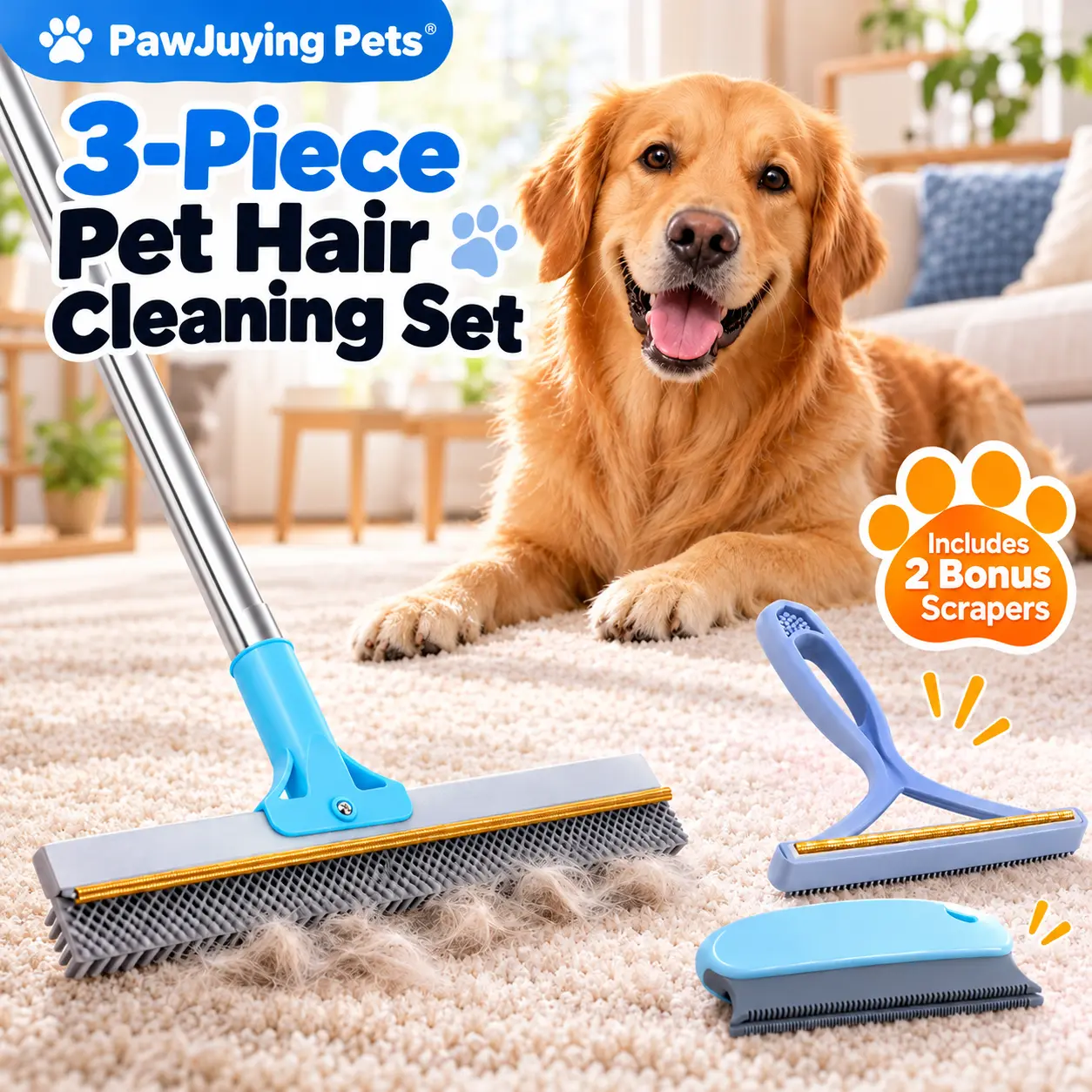 Carpet Rake for Pet Hair Removal,Reusable Hair Remover Broom.Pet Hair Remover Carpet Rake with 54 Inch Adjustable Long Handle, 2 Handheld Scrapers Included, Double-Sided Dog & Cat Hair Removal Tool for Rugs, Sofas, Stairs, Reusable Pet Fur Cleaning Kit