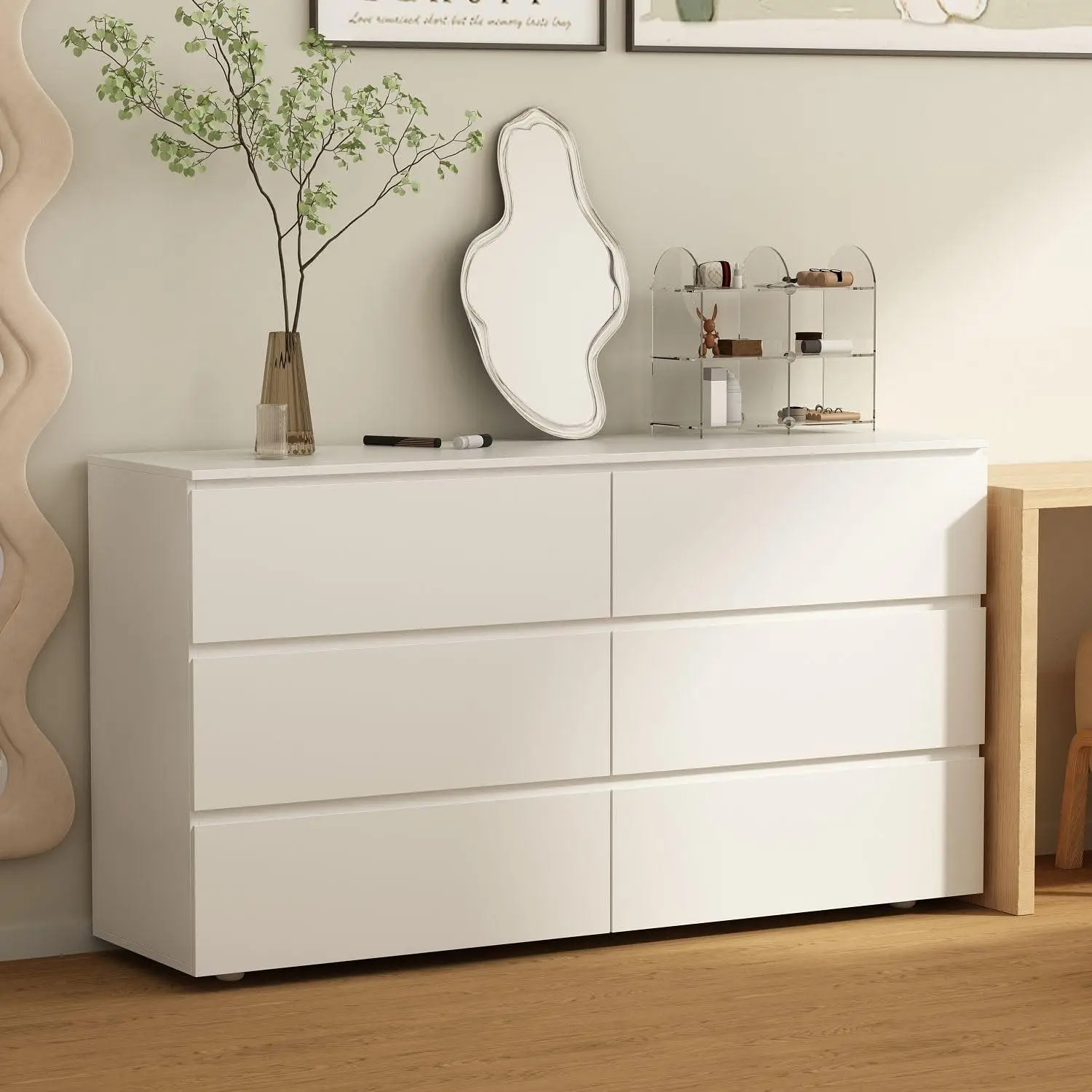 FUFU&GAGA Chest of Drawers White Dresser No Handles, 6 Drawer Chest with Wide Storage, Modern Contemporary 6-Drawer Cabinet, White Dresser for Bedroom