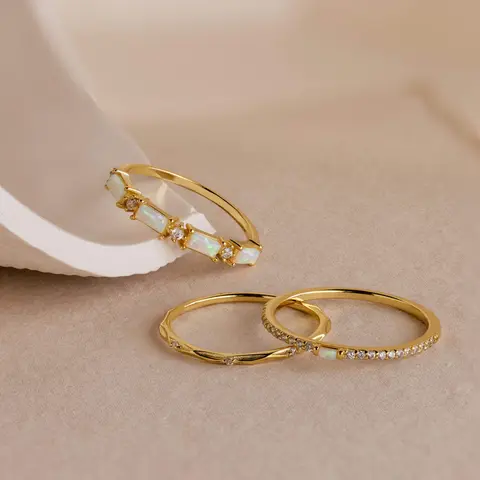 Pave Opal Ring Set by Caitlyn Minimalist - Set of 3: Opal & Diamond Everyday Stacking Rings - Dainty Gold Jewelry - Christmas Gifts for Women