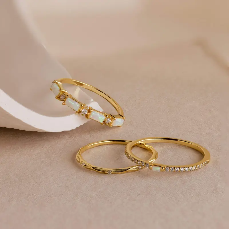 Pave Opal Ring Set by Caitlyn Minimalist - Set of 3: Opal & Diamond Everyday Stacking Rings - Dainty Gold Jewelry - Christmas Gifts for Women