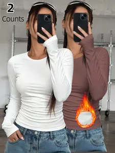 2-Pack Women's Thermal Underwear Tops, Solid Color Classic Casual Fitted Crew Neck Long-Sleeve Base Layers for Autumn & Winter - Ideal as Running, Hiking Activewear, Comfortable Base Layer Tees Suitable for Outdoor Activities