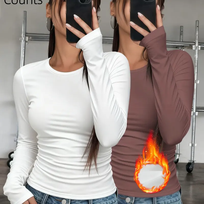 2-Pack Women's Thermal Underwear Tops, Solid Color Classic Casual Fitted Crew Neck Long-Sleeve Base Layers for Autumn & Winter - Ideal as Running, Hiking Activewear, Comfortable Base Layer Tees Suitable for Outdoor Activities