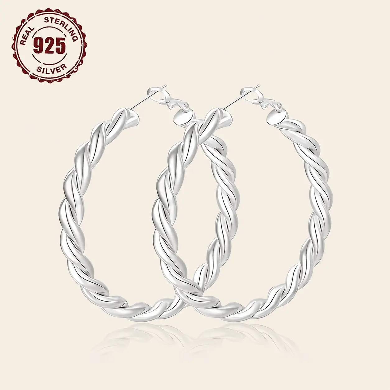Large 925 Sterling Silver Hoop Earrings 40mm, Hypoallergenic Twisted Spring Circle Earrings for Women, No Green Ears Funky Accessories for Daily Party