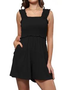 Genleck Casual Summer Smocked Ruffle Mini Jumpsuit with Side Pockets