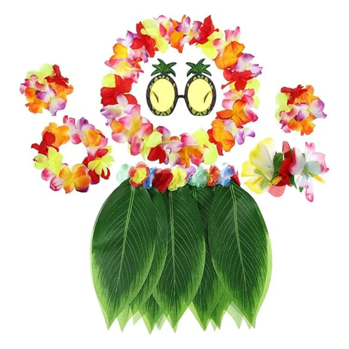 7PCS Hawaiian Hula Costume Set – Flower Lei & Grass Skirt Party Outfit