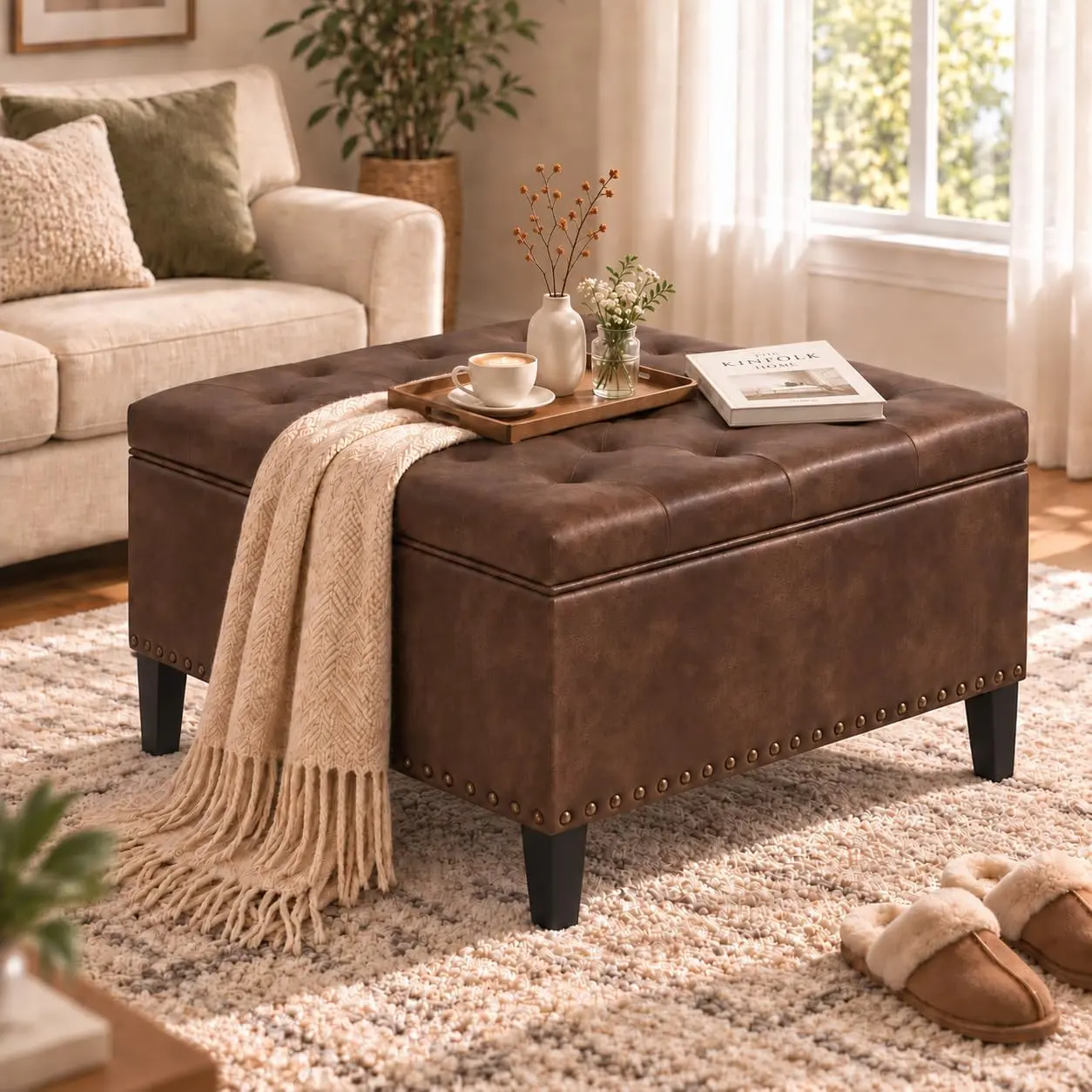 Large Square Tufted Storage Ottoman Coffee Table with Nailhead Trim, 29.5 Inch Upholstered Footrest for Living Room
