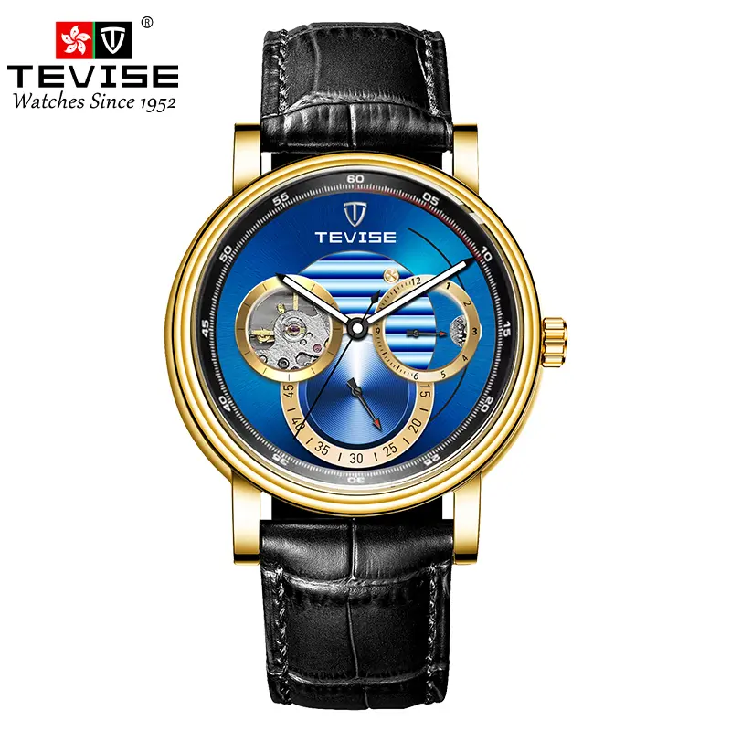 TEVISE Automatic Watch with Leather Band Luminous Hands Skeleton Dial for Business Casual Style relojes para hombres