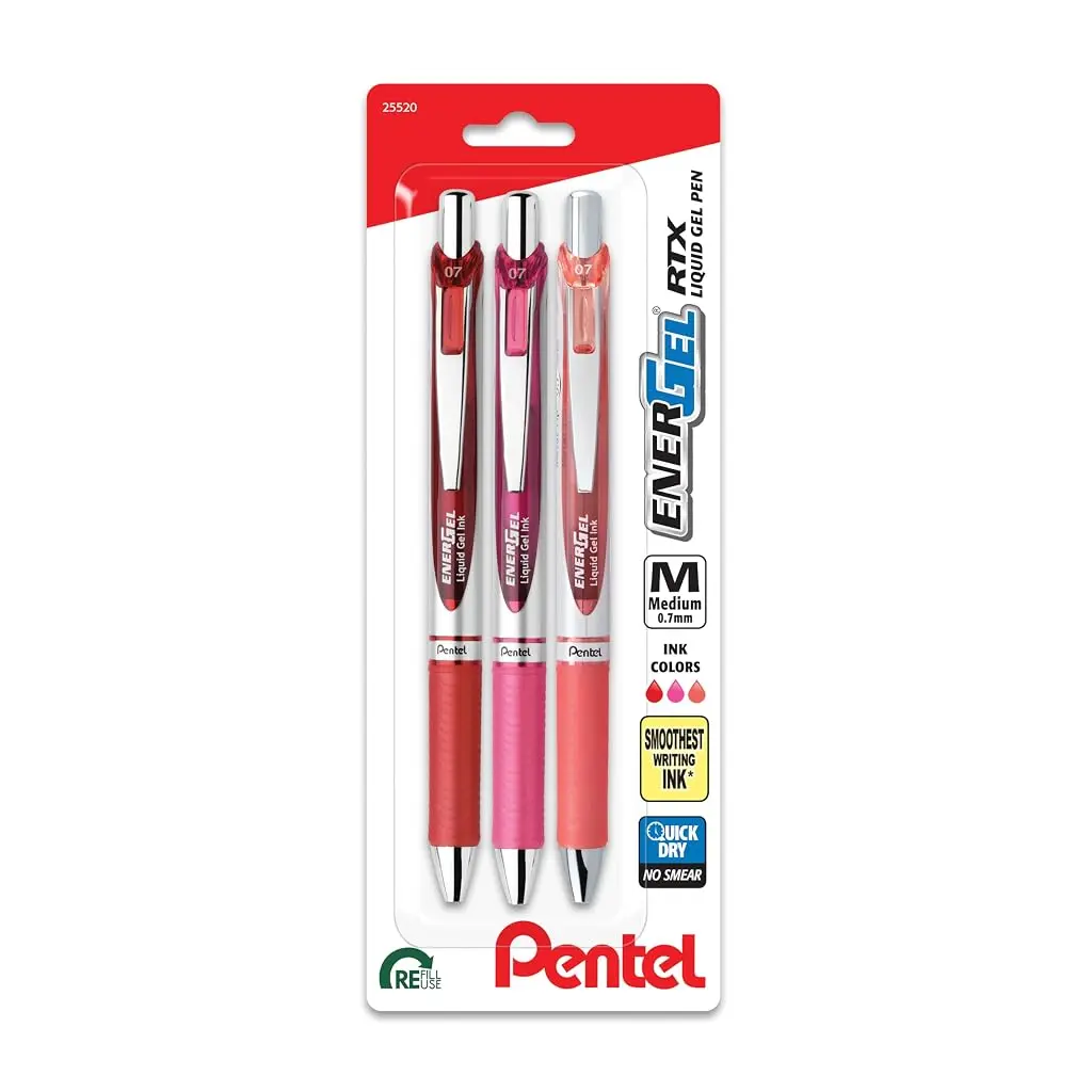 Pentel EnerGel RTX Retractable Liquid Gel Pen, 0.7mm, Journaling Hue, Red, Pink and Coral Ink, Pack of 3 Pens (BL77RBJBP3M)
