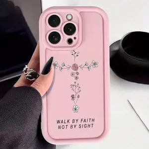 A TPU Full Protective Case with a Simple Design Featuring Pink Bamboo Lines, Flowers, Text, And Cross Patterns, Compatible with Iphone X/Xs/Xr/Xs Max/11/12/13/14/15/16 Pro Max. Protector Screen Protector Cover Shockproof Protection Casing