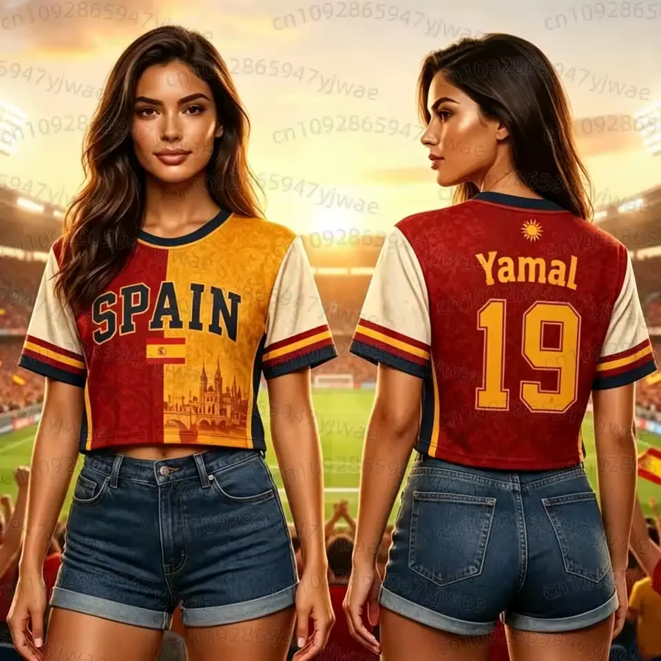 2026 New Women's Spain Flag Print Crop Top Soccer Jersey, Yamal No.19 Short-Sleeve Tee with Name Tag for Cheerleaders, Soccer Jerseys