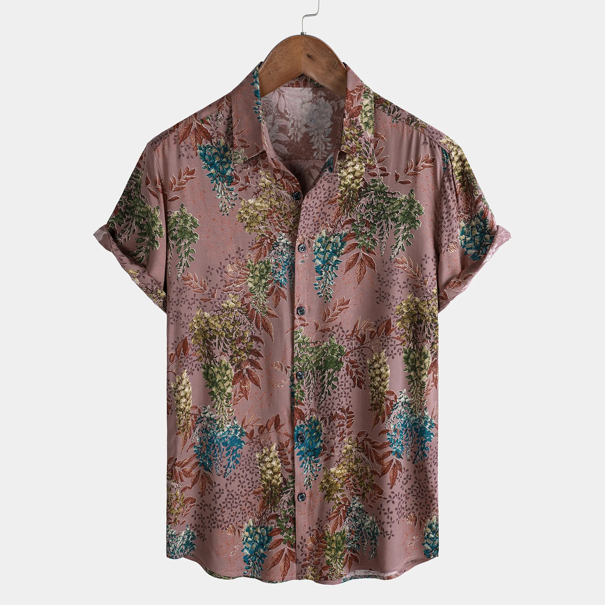 TIXMIE Men's Retro Wisteria Floral Print Short Sleeve Shirt, Vintage Lapel Button Down Casual Summer Beach Rayon Shirt Menswear Top