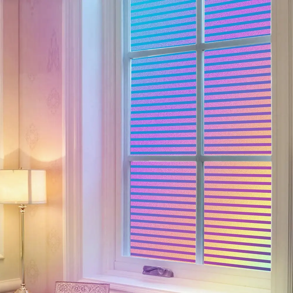 Rainbow Window Privacy Roll (44.5x100cm), Colorful Frosted Striped Heat Insulation, Static Cling No Glue, UV Protection, Easy Remove Privacy Decorative Window Film