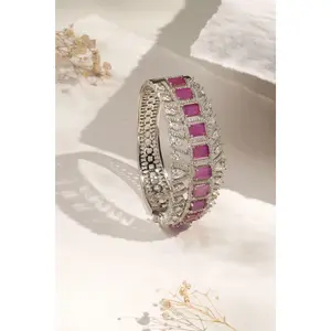 Statement Luxe Openable Bracelet  - Silver Finish with Semi Precious Runy/Dep Pink stones and CZ Accents