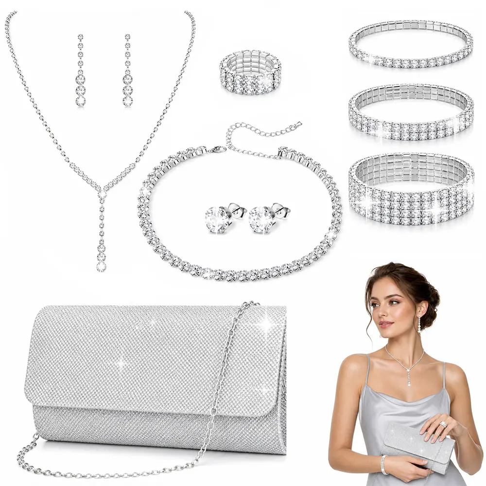 11 Pcs Silvery Clutch Purse Crystal Jewelry Set for Women Shiny Rhinestone Jewelry Accessories for Evening Party Bride Wedding