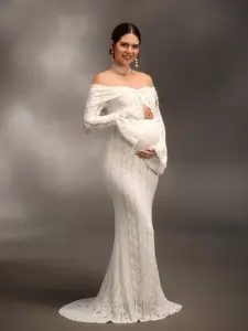 Cherish Maternity Elegant Off-Shoulder White Lace Long Sleeve Mermaid Maxi Dress, Suitable For Wedding, Party, Baby Shower, Maternity Photoshoot, Christening