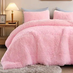 Fluffy Queen Comforter Set, Faux Fur Pink Queen Size Comforter Set, Luxury Fuzzy Bedding Set, Soft Shaggy Pink Bed Set for All Season, 3 Pieces - 1 Comforter & 2 Pillowcases