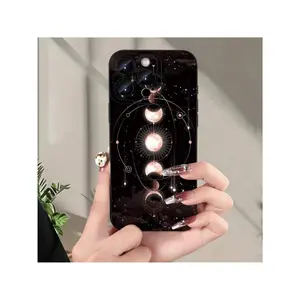 Creative Moon Pattern Straight Edge Case For IPhone 16 15 14 Pro Max 13 12 11 XR XS E Plus Shockproof Non Slip Military-Grade Protection Silicone Cover