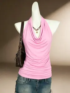 Women's Sexy Halter Top, Ruched Bodycon Flowy Neck Backless Vest, Perfect for Summer and Vacation Wear, Trendy and Comfortable