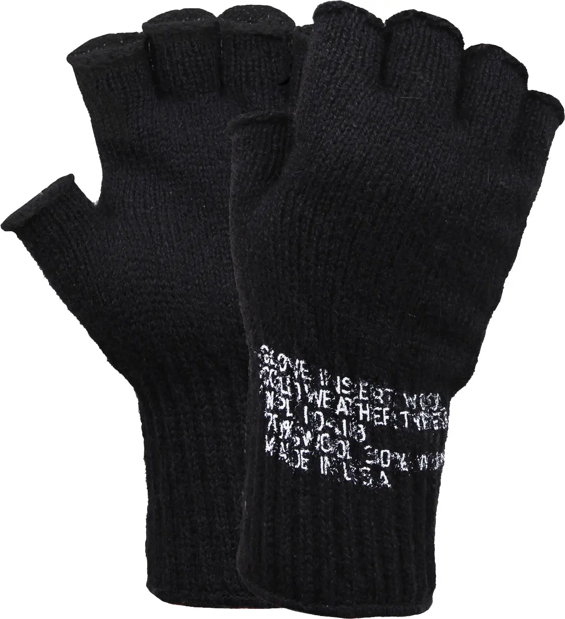 Black GI Army Style Fingerless Gloves, 70% Wool Nylon Blend for Cold Weather, Unisex Warm Glove Inserts, Made in USA