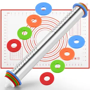 17 Inch Stainless Steel Rolling Pin Silver Gray Bakeware Utensils with Non-Stick Surface Weighted Design for Perfect Pastry Cookies Pizza Crusts Adjustable Thickness Rings Durable & Versatile