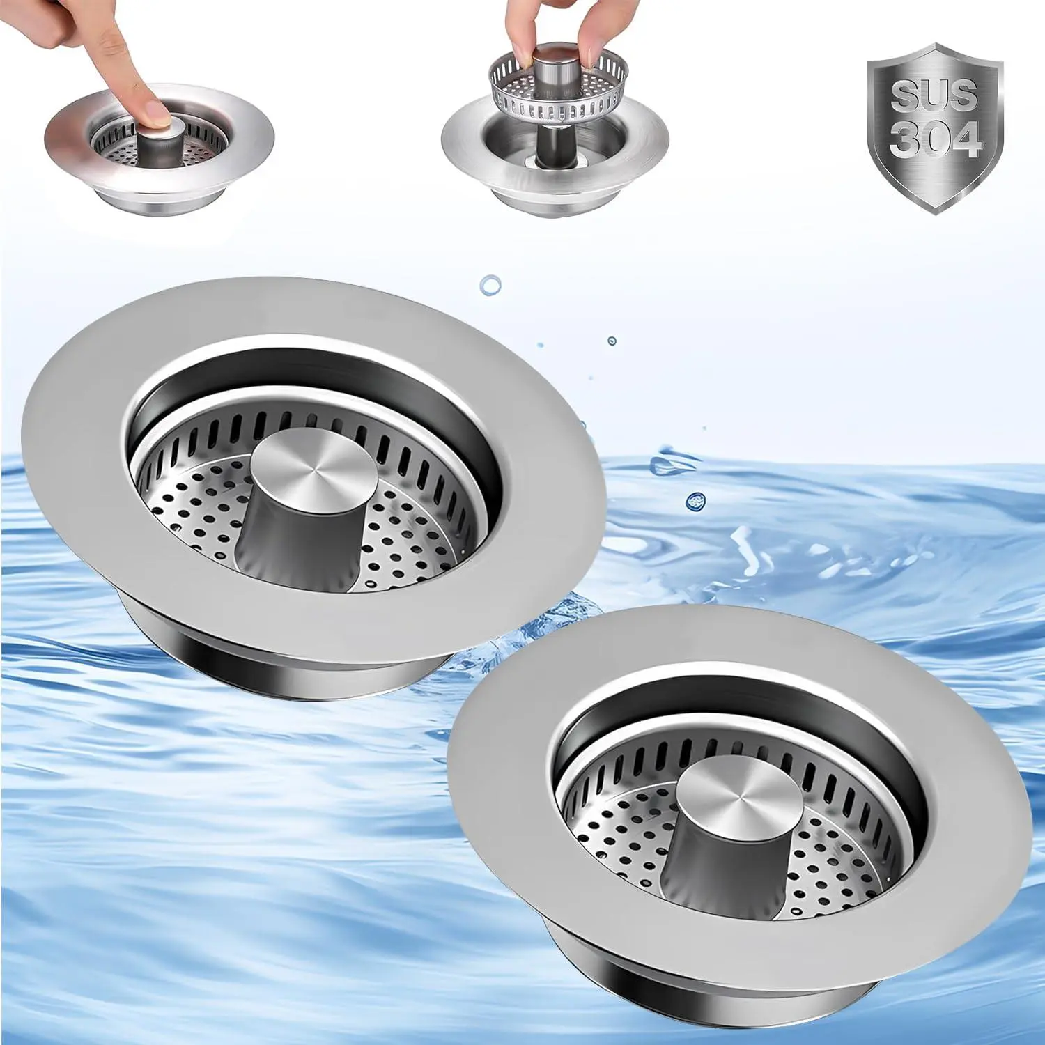 Kitchen Sink Drain Strainer 3-in-1,Pop-Up Stopper & Anti-Clogging Basket - 304 Stainless Steel Sink Strainer Anti-Clogging Sink Drain Strainer for US Standard Kitchen Drain