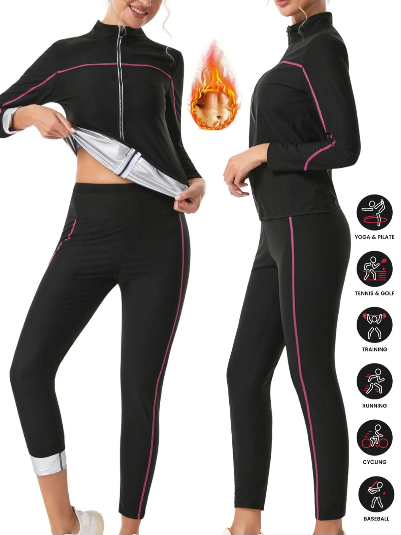 Women's Sportswear Set, Long Sleeve Zipper Jacket and Pants, Sweat Enhancing Yoga Activewear, Sauna Suit, Fitness Wear, Gym Workout Clothes, High Neck Design, Tracksuit Sets, Sweatsuit Sets, Athleisure Activewear Set, Athletic Workout Clothing