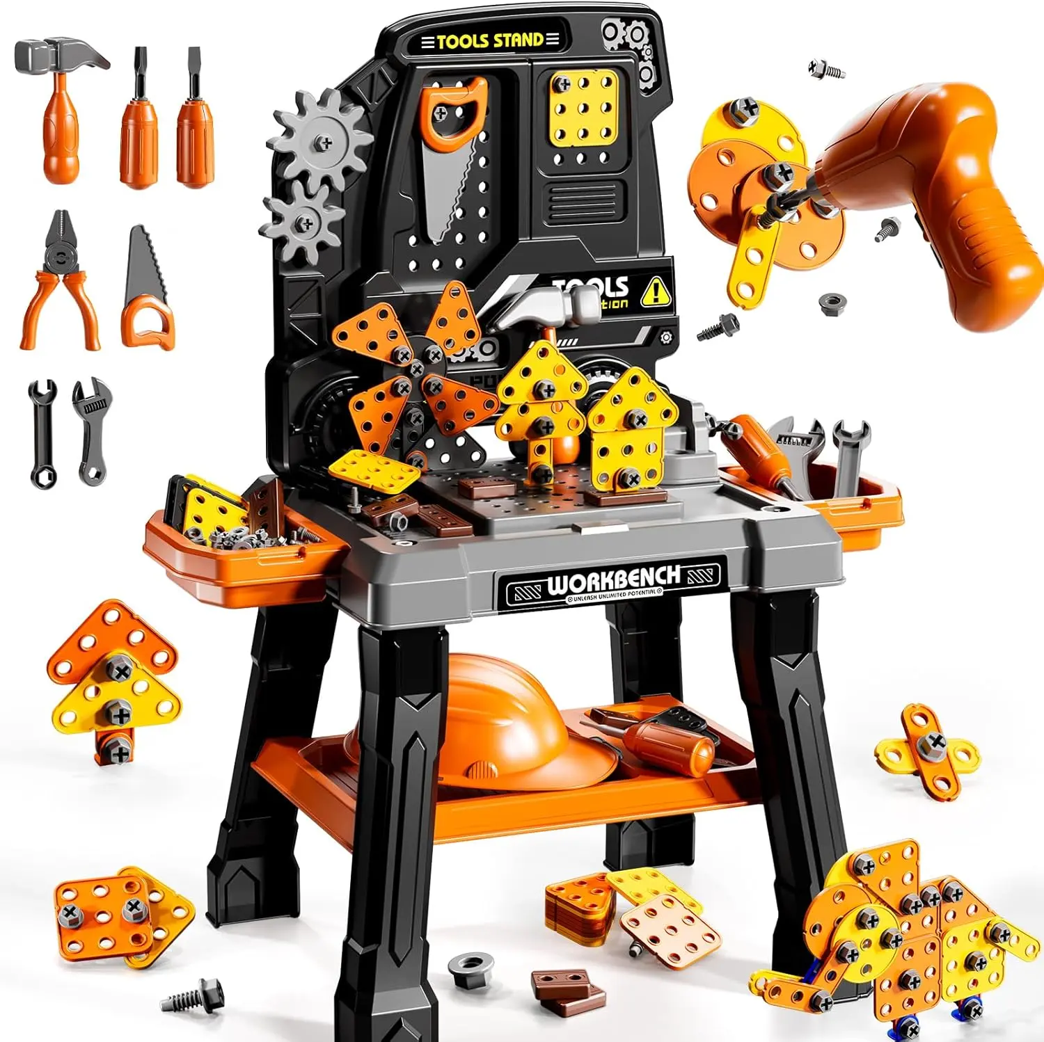 141-Pcs Kids Electric Drill Tool Toy Playset - Electronic Drill Sound, Pliers, Helmet, Pretend Play Tool Box, Workbench - Construction Mechanic Set for 3-8 Yrs (3-4 Years Included), Develops Hands-On Skills, Birthday/Christmas Gift for Toddlers, Tool Set,