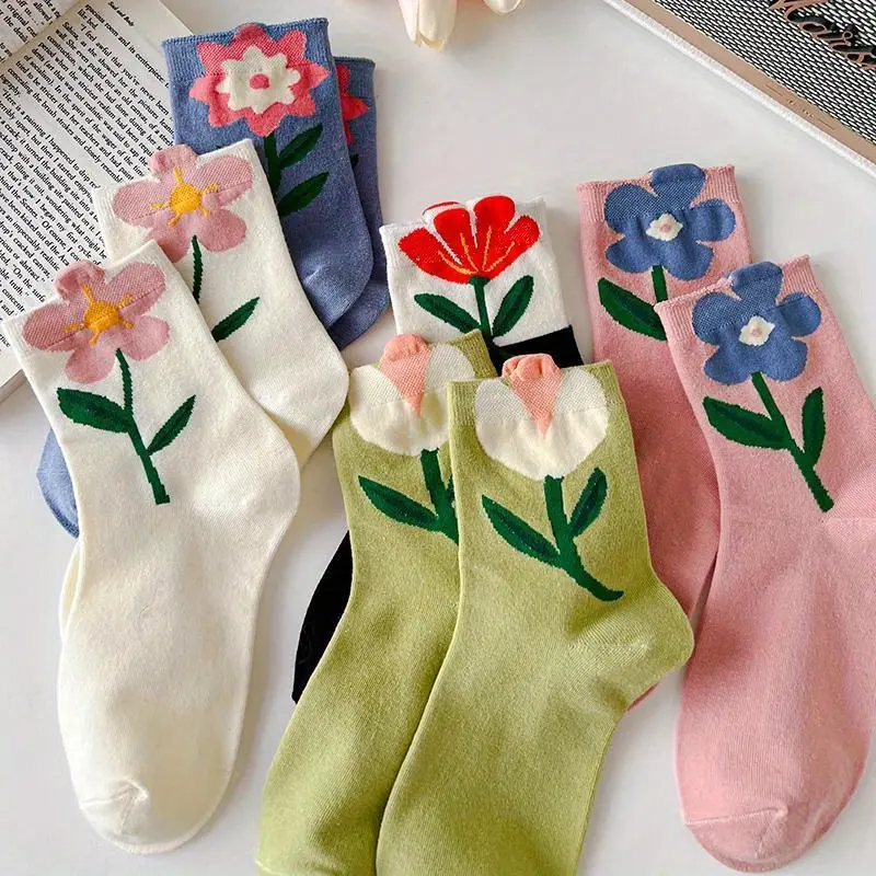 Women's 5-Pair Mid-Calf Sock Set - Harajuku Style Soft Comfy Hosiery with Assorted Cartoon & Floral Prints, Lightweight, Breathable for Casual Wear
