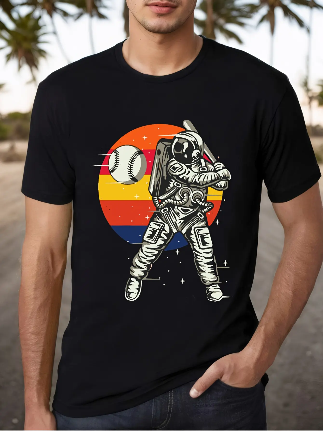 Houston Astronaut & H-Town Baseball Graphic T-Shirt - Space Exploration Meets Baseball Design - Soft Breathable Cotton Tee for Men & Women - Lightweight Crewneck Shirt for Gym Running Casual Attire - Sizes S-XXXL - Ideal Houston Sports Fan Gift Outdoor Ac