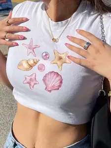 Women's Starfish & Shell Print Crop Tee, Casual Fashion Crew Neck T-shirt for Daily Holiday Vacation Outdoor Wear, Ladies Clothes for Summer