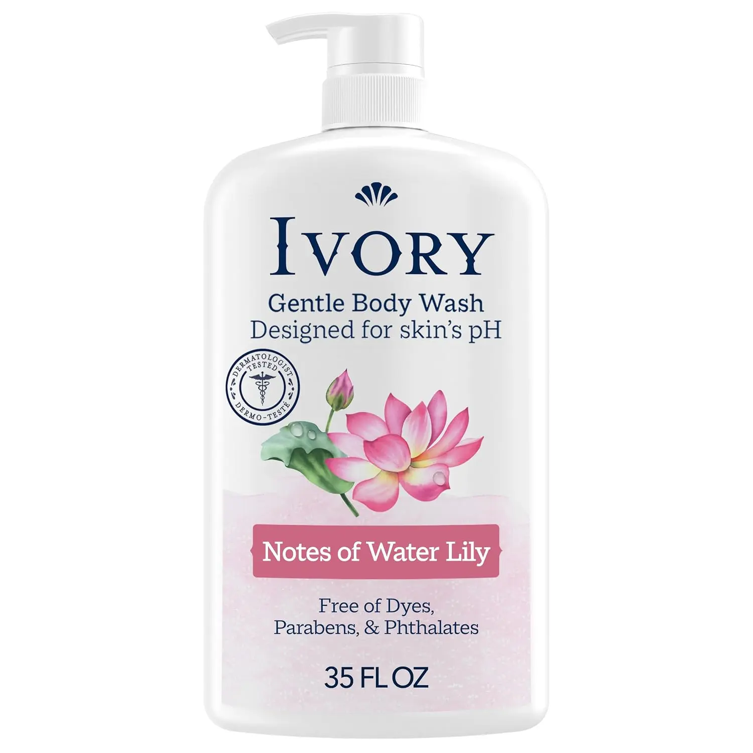 Ivory Body Wash, Designed for the Whole Family, Gentle Formula, Free of Dyes Heavy Perfumes Parabens Phthalates & Silicones, Designed for Skin's pH, Water Lily Scent, 35 oz