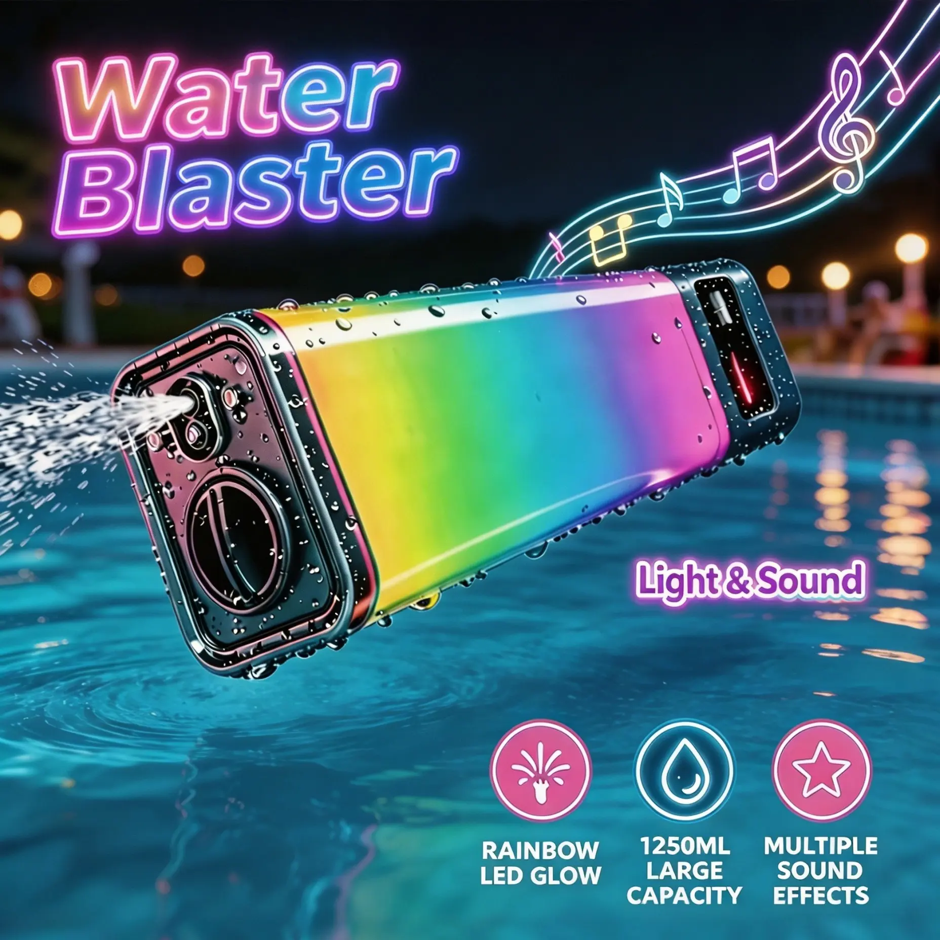 Summer Break Pool Party Water Blaster – 1250ml High Capacity, LED Flowing Light & Realistic Sound, Automatic for Outdoor Fun