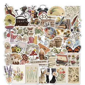 Vintage Flower & Book Pattern Sticker, 50pcs/set Creative Cartoon Sticker, DIY Decorative Sticker for Stationery & Computer & Water Bottle, Floral Pattern Sticker