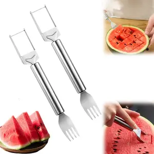 2-Pack Pro Dual-Headed Watermelon Slicer Set | Stainless Steel 2-in-1 Fruit Cutter & Fork for Cubes & Wedges