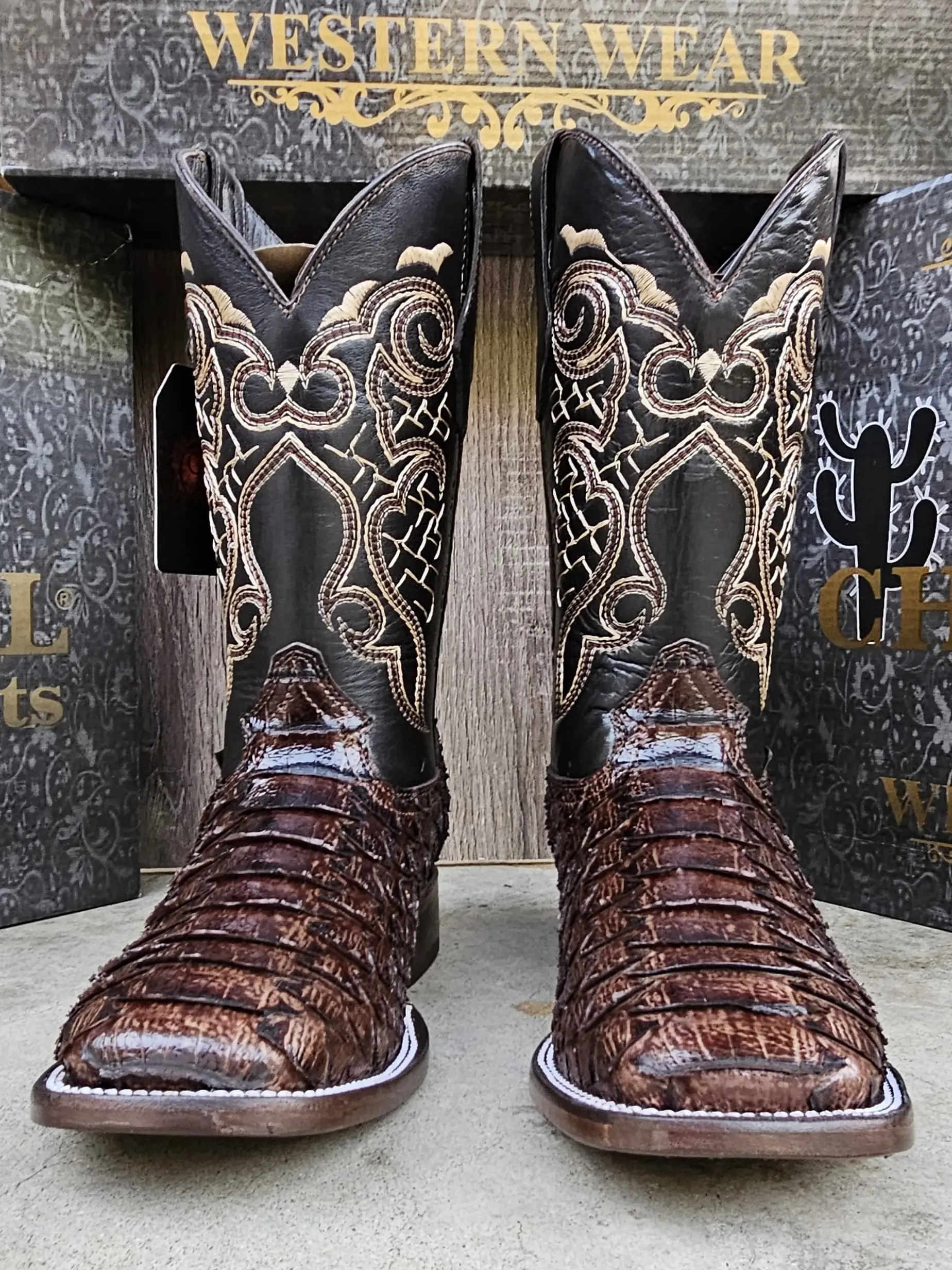 Chaparral Leather Boots for Men’s Size 8 Chaparral: Exotic Pirarucu Cognac Square Toe Boots (Boots  main image 4