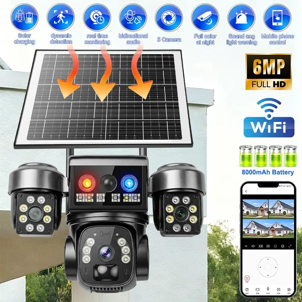 KEPEAK Back to School 6MP Solar-Powered Outdoor WiFi PTZ Triple Lens Security Camera, Lithium Battery, Speaker, Memory, Color Night Vision, IP66 Waterproof, Outdoor Surveillance, Easy Installation
