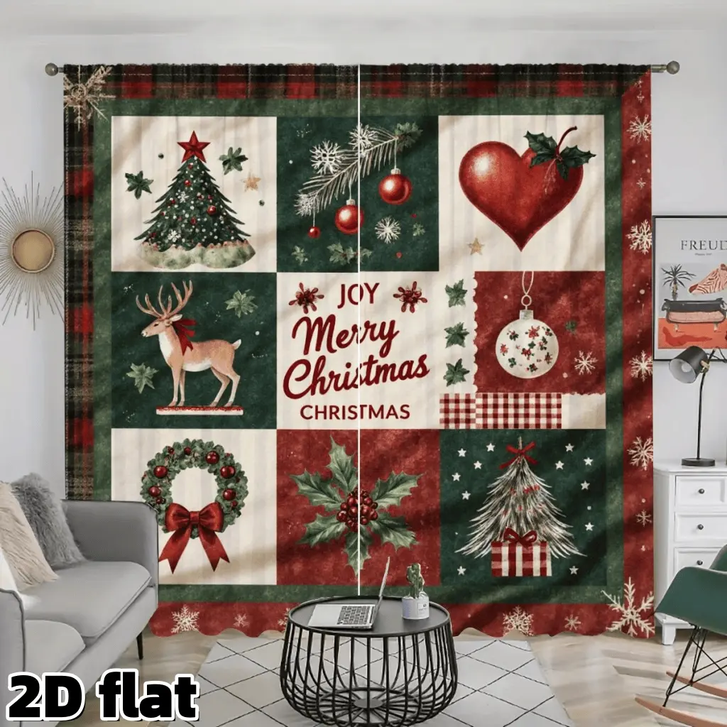2D Flat 2Pcs Retro Christmas Collage Curtains Festive Tree Deer Heart Design Rod Pocket Semi Sheer Drapes Holiday Spirit Home Decor for Living Room Bedroom Kitchen Window Treatment Christmas Gift Privacy Protection