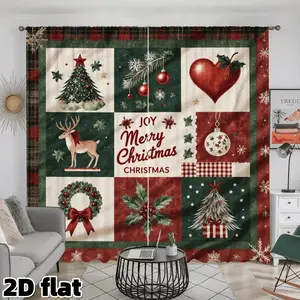2D Flat 2Pcs Retro Christmas Collage Curtains Festive Tree Deer Heart Design Rod Pocket Semi Sheer Drapes Holiday Spirit Home Decor for Living Room Bedroom Kitchen Window Treatment Christmas Gift Privacy Protection